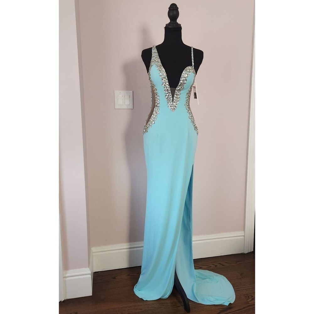 NWT-Jovani Couture Beaded Plunge Gown Tiffany Blue Slit Dress-Size 4